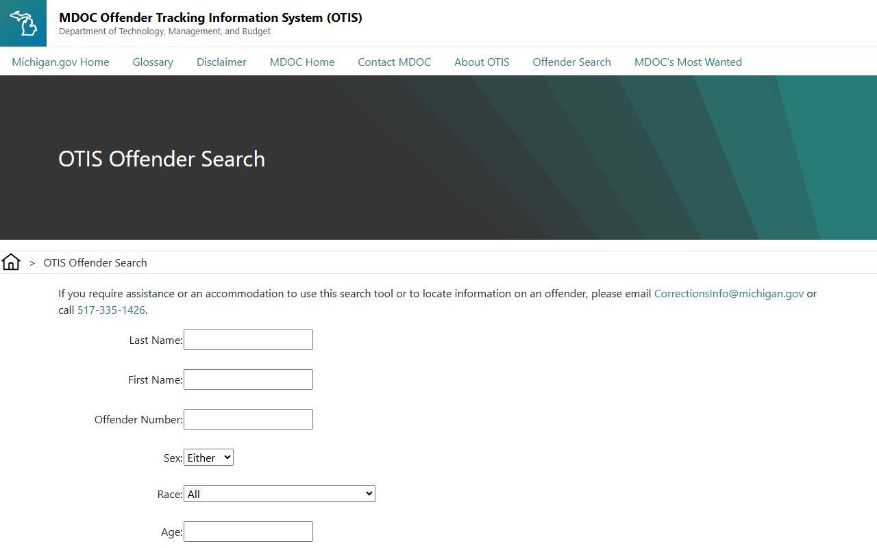 Presque Isle County inmate records MDOC OTIS search form